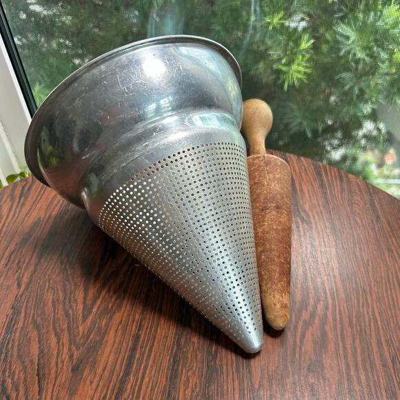 Vintage Aluminum Cone Strainer with Wooden Pestle | Farmhouse Kitchen Décor - Picture 7 of 13
